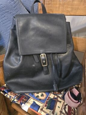 Coach Womens Black Leather Drawstring Backpack with Gold Buckle